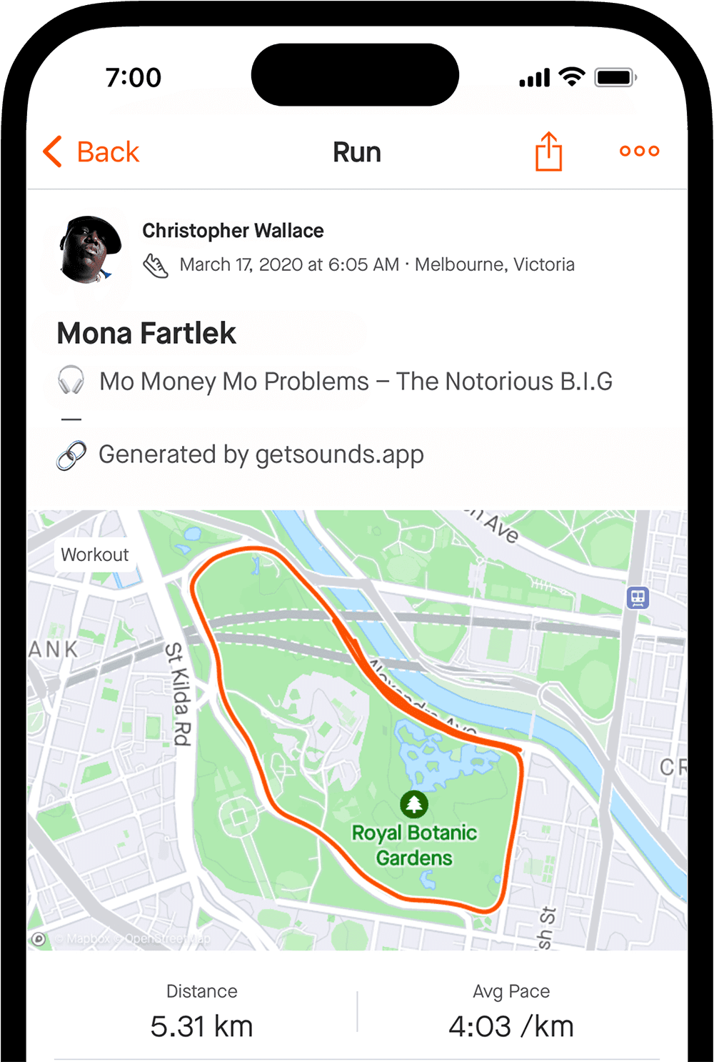 Strava app interface with sounds integration featuring biggie smalls